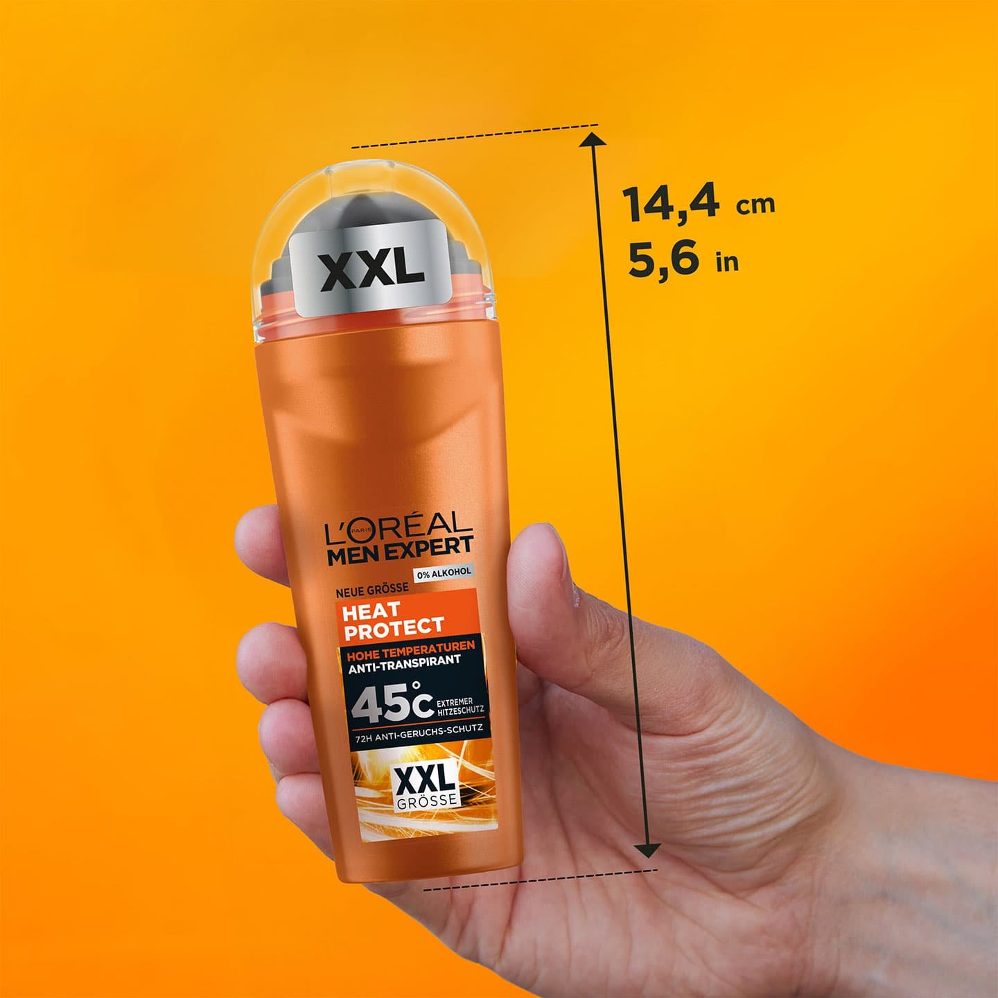 Produkt wird von einer Hand gehalten, mit Größenangaben